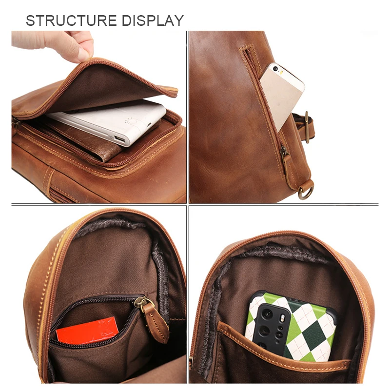Vintage Men's Sling Bag Crazy Horse Leather Chest Pack Casual Crossbody shoulder bag 30012