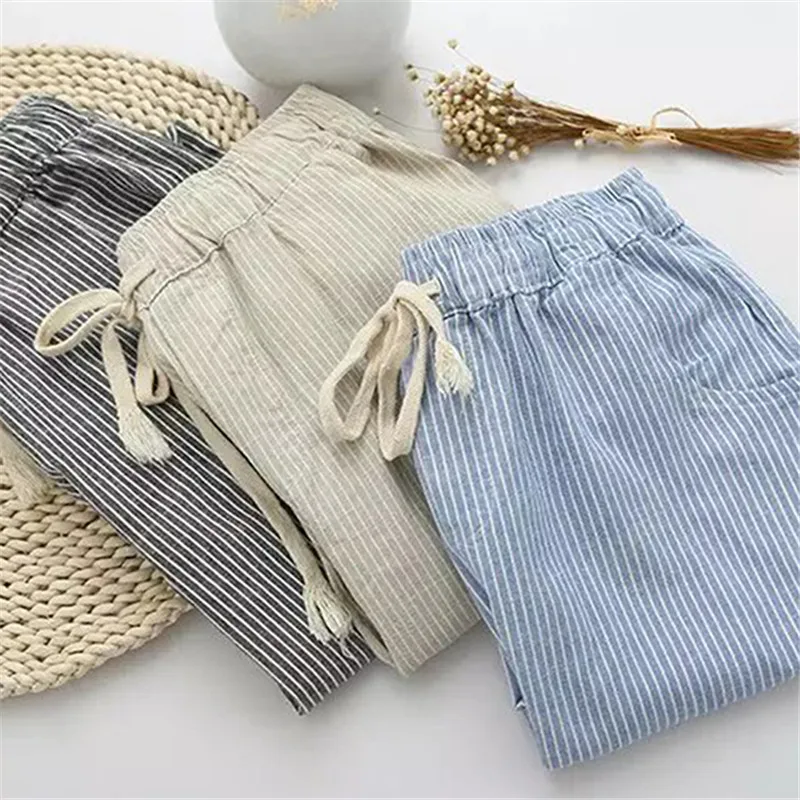 

Bigsweety Cotton Linen Women Casual Pants Fashion Loose Long Pants Elastic Waist Straight Striped Trousers Pantalon
