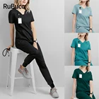 Однотонный хирургический костюм унисекс с карманом и V-образным вырезом, костюм для бега, оптовая продажа, набор скрабов для женщин, набор больничной одежды для домашних животных, скраб-костюмы