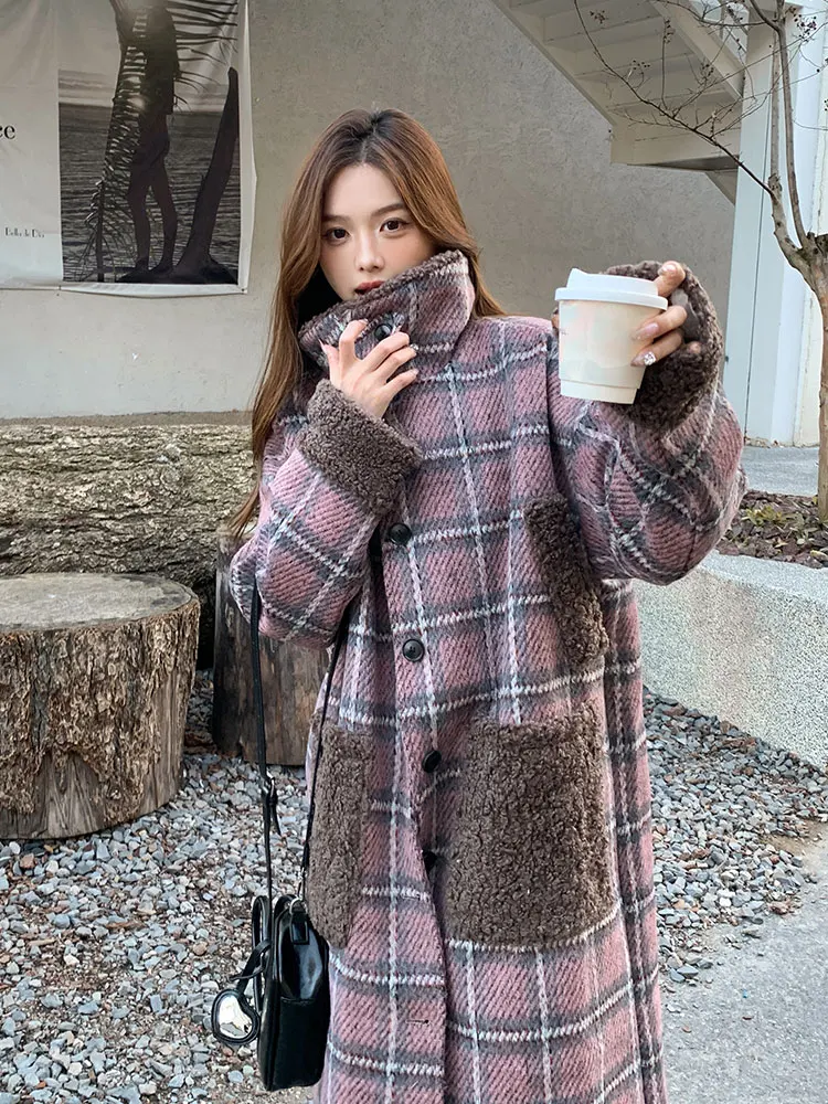 Корейская серия клетчатое шерстяное пальто женское 2024 зимнее новое длинное