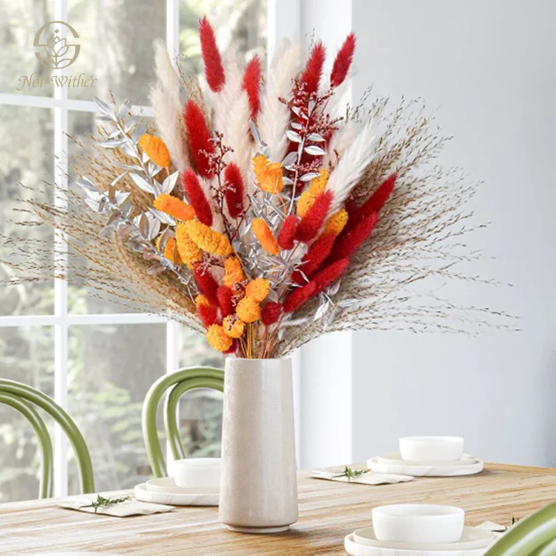

80PCS Fluffy Pampas Dried Flowers Christmas Decorations Reed Bunny Tails Ruscus Bouquets Boho Home Table Decor Artificial Plants