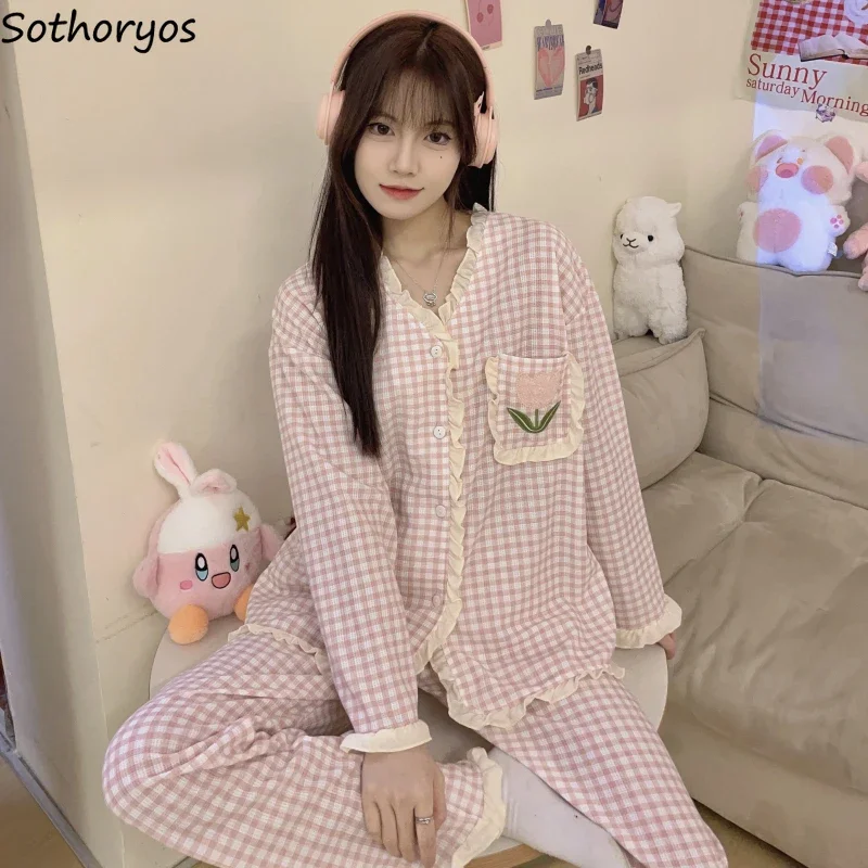 Пижамный комплект Женский клетчатый домашняя Милая одежда для сна в стиле