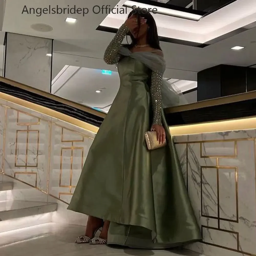 

Saudi Arabia Mint Green Satin Prom Dresses Beaded Women Sexy Off Shoulder Long Sleeve Evening Gowns Robe De Soirée
