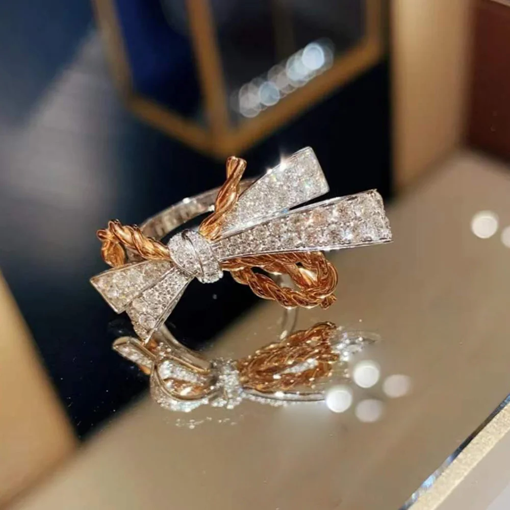 

Fashion Luxury Fairy Exquisite Bow Ring Three-Dimensional Rose Gold Two-Color Women's Jewelry S925 Brand Hot Sale Shine Grace