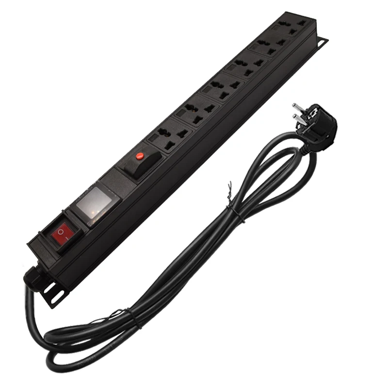 

New Aluminum Case 16A AC 6 jacks 1U Universal PDU output IEC Power Cord Socket illuminated ON OFF Switch Ammeter With 2M wire