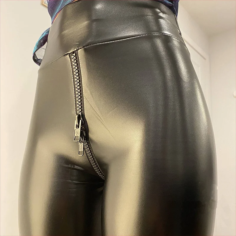 

Эластичные брюки из искусственной кожи с высокой талией, женские Сексуальные облегающие брюки с двойной молнией, женские экзотические бесшовные леггинсы, Симпатичные