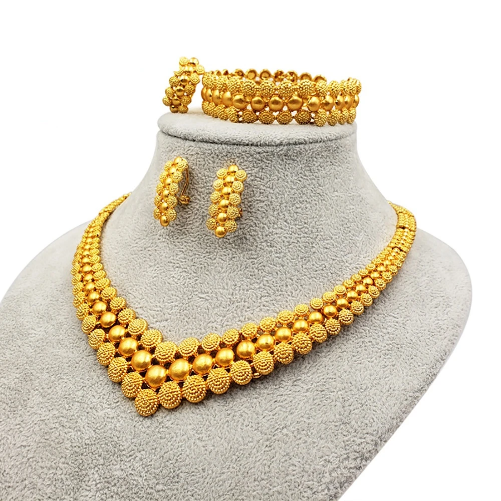 

Gold Plated Jewelry 24k Original Italian Gold Colour Women Jewelry Set Necklace Bracelet Ring Earrings Wedding Banquet Latest