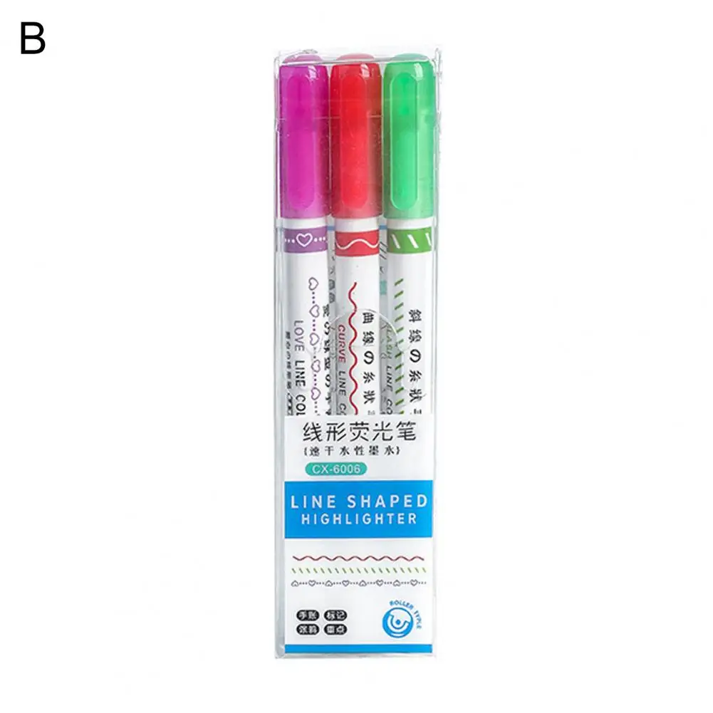 

3Pcs Useful Multi Color Roller Tip Curve Highlighter Pen Lightweight Line Shaped Highlighter Anti-fade for Student