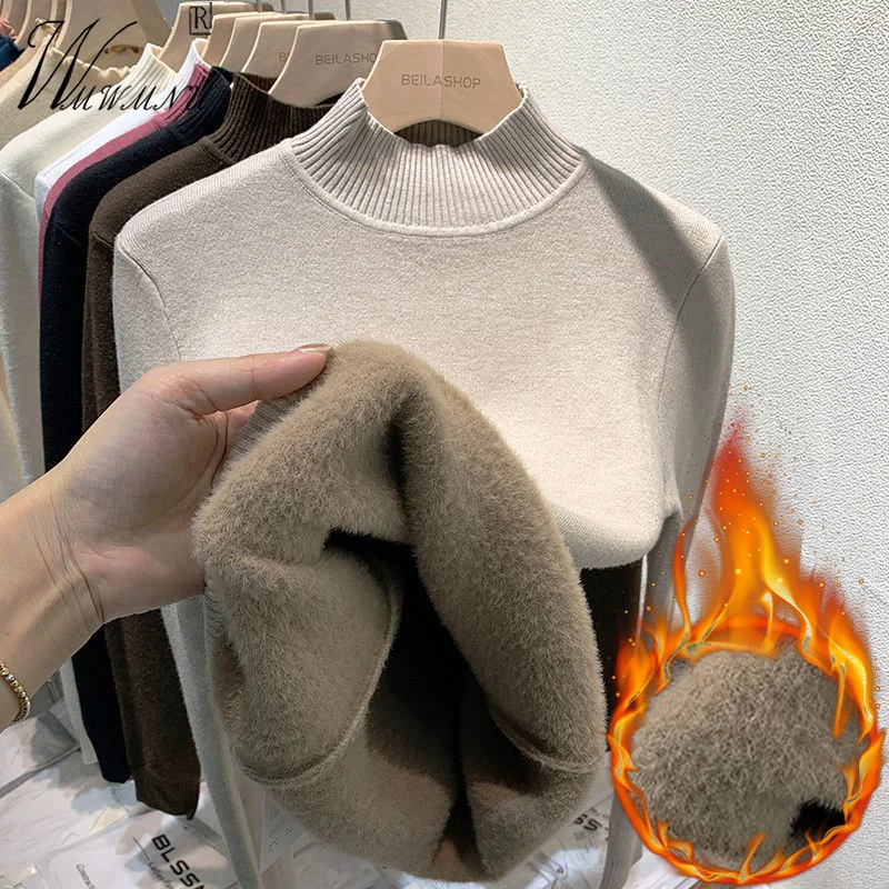 

Plus Velvet Half Turtleneck Sweaters Slim Warm Winter Pullover Women Basic Plush Lined Casual Knitwear Long Sleeve Thick Tops