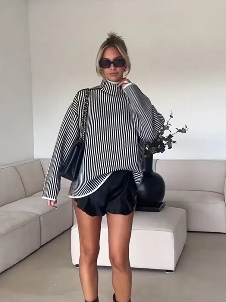 Женский Теплый свитер в полоску элегантный Свободный пуловер с высоким