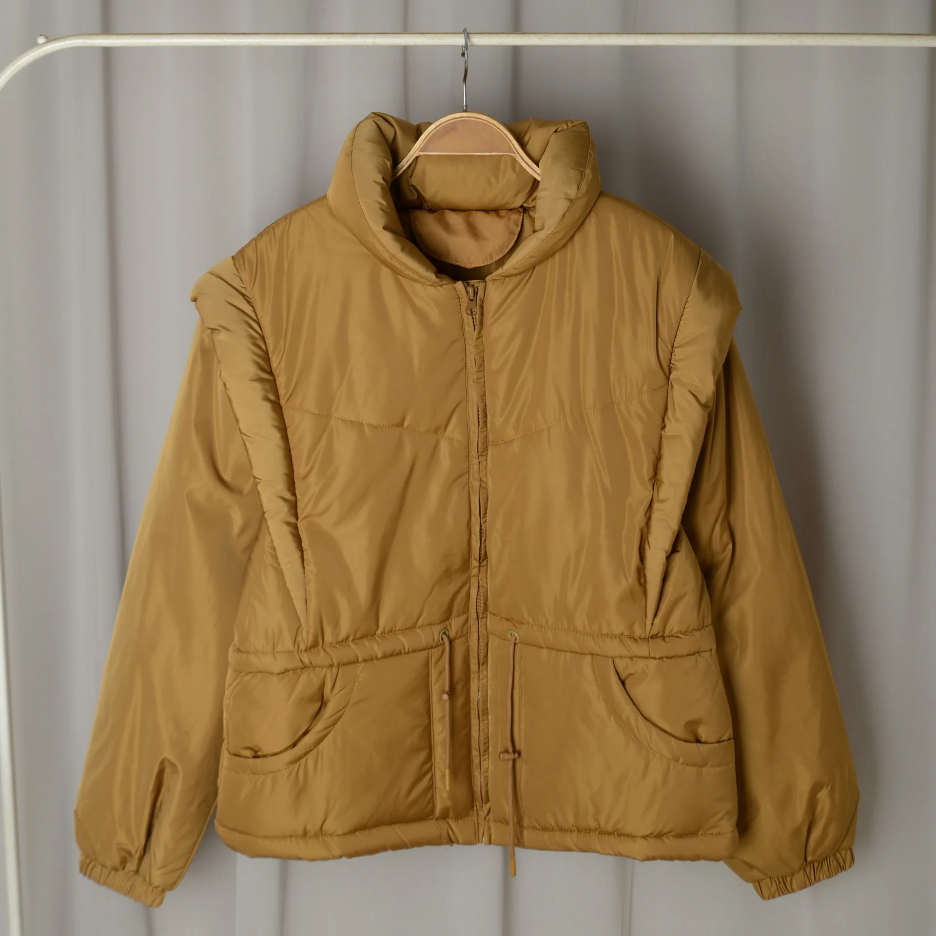 New Winter Clothes Zipper Waist Fitting Lapel Detachable Sleeve Vest Coat Women's Cotton Padded Jacket