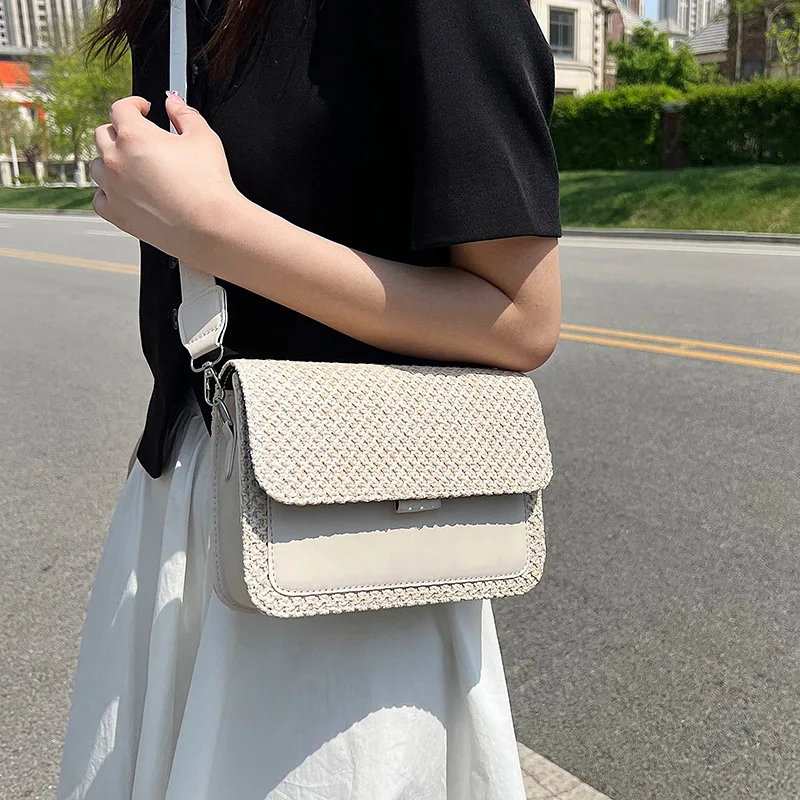 Women  New Fashion Fashionable Spliced Small Square Bag Wide Shoulder Strap Single Shoulder Crossbody Bag