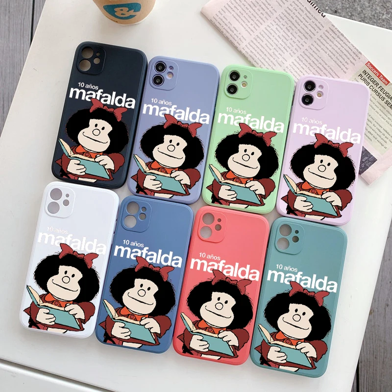 

NEW Square Liquid Silicone Phone Case For iPhone 14 11 12 13 Pro Max Mini X XS XR 7 8 Plus SE Full Lens Cover Mafalda Cute Anime