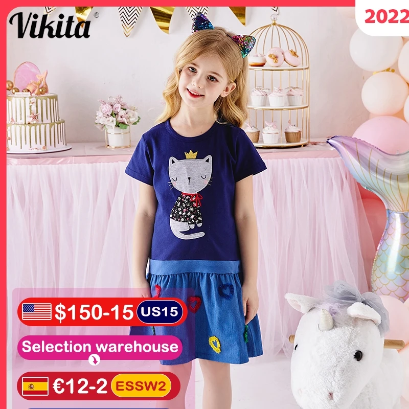 

VIKITA Girls Summer Dress Cotton Animal Appliqued Baby Kids Short Sleeve Dresses Girls Clothes Toddlers Cotton Denim Dress