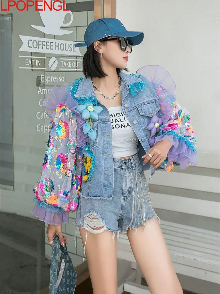 

Fashion Spring And Summer Mesh Lantern Sleeve Patchwork Personality Short Denim Jacket Women Loose Wide-waisted Streetwear Tops