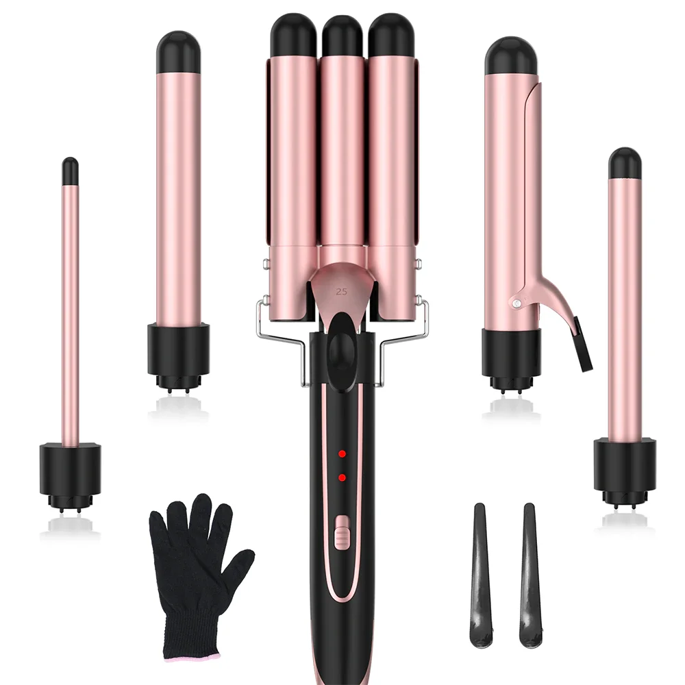 Lofamy MN-C01A 5 In 1 Multifunctional Ceramic Triple Barrel Rose Gold Curling Iron Electric Hair Iron Curlers Set Styling Tools