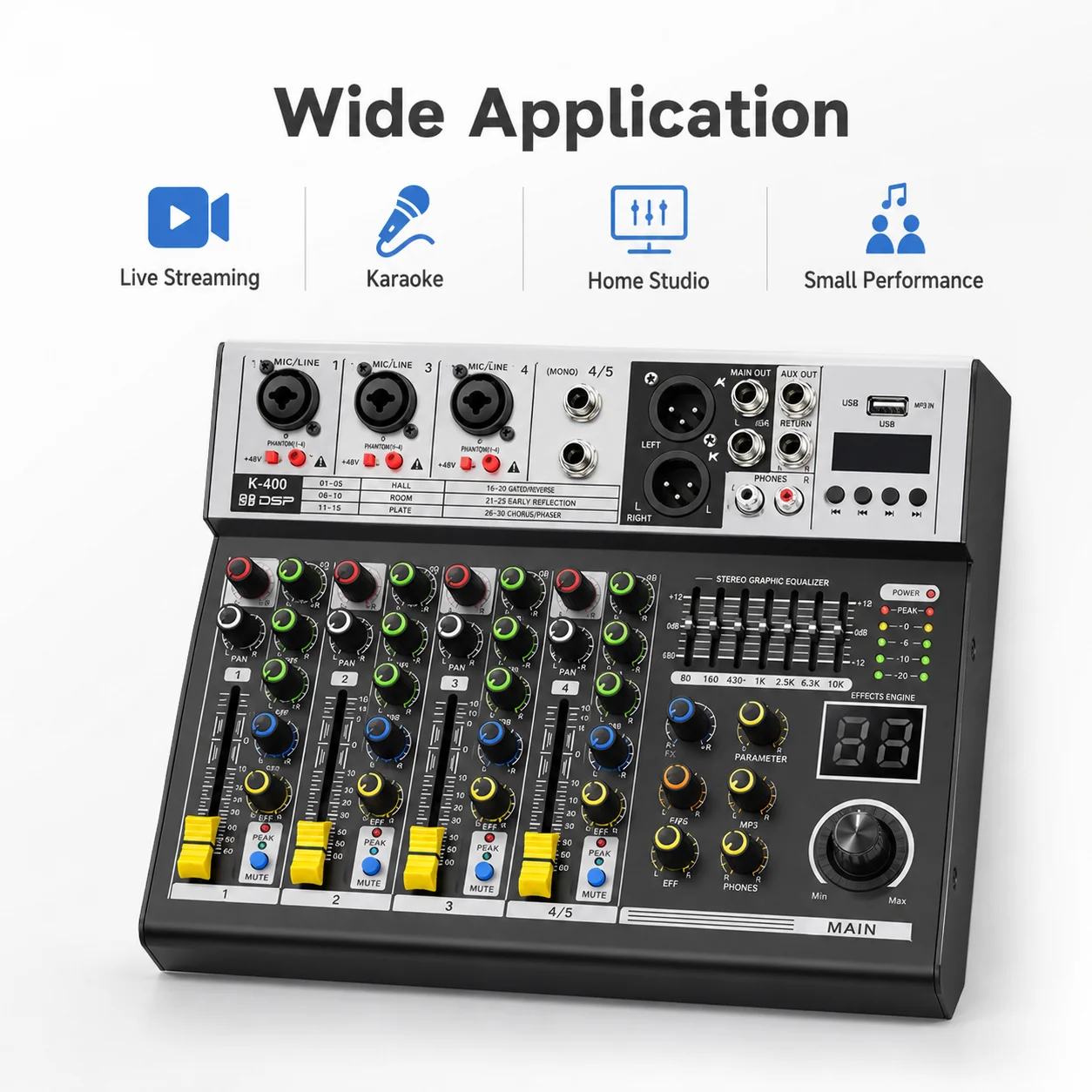 Аудиомикшер K-400 с 99 DSP-эффектами, USB-воспроизведением, 7-полосным эквалайзером, 3 микрофонными входами, компактный микшерный пульт для караоке и живых выступлений (art.: 3920da761eec0) - 3920da761eec0