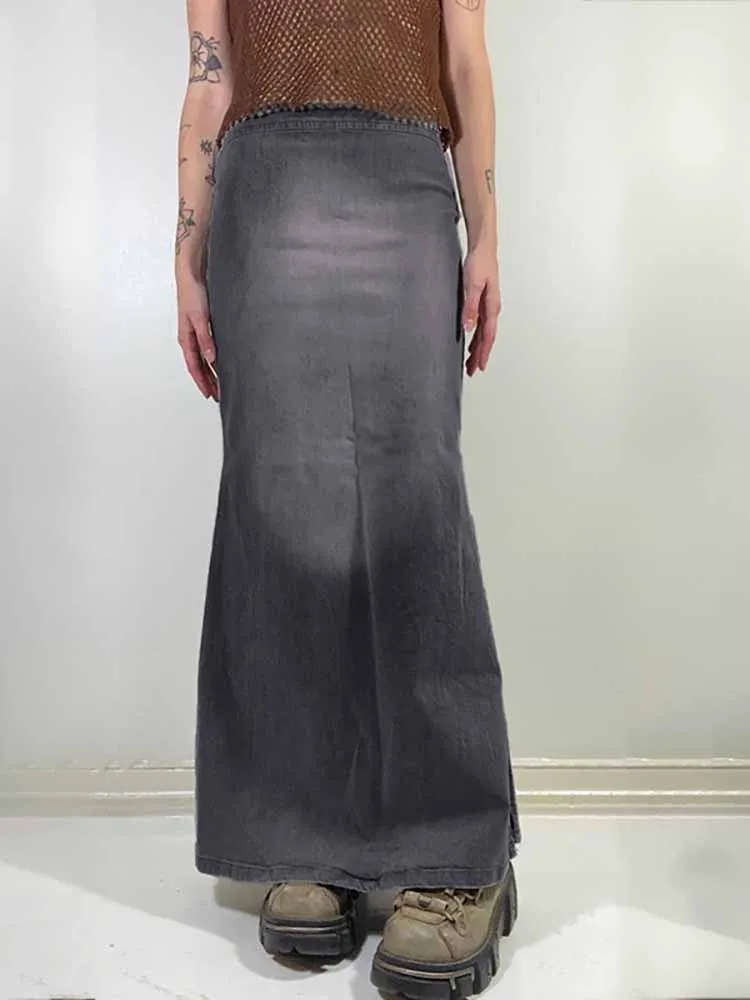 

Long Denim Skirt High Waist Vintage Long Skirts for Womens 2023 Grey Skirt A-Line Korean Streetwear Y2k Summer Clothes Fashion