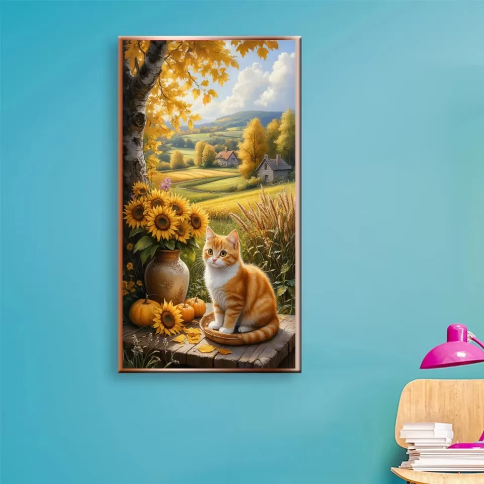 Фото Наборы для вышивания алмазной мозаикой DIY: полные квадратные и круглые алмазные картины, осенний пейзаж, ферма, кошка, курица, алмазная вышивка, распродажа №3