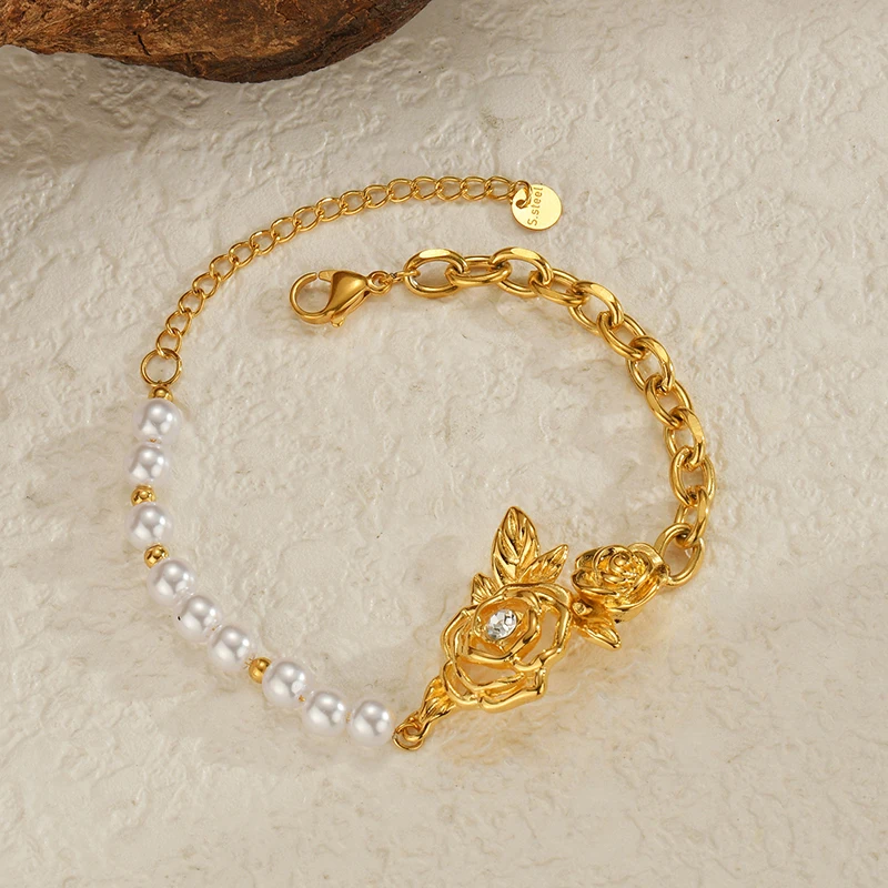 Изысканный жемчужный браслет Spark с цветком из нержавеющей стали золотого цвета