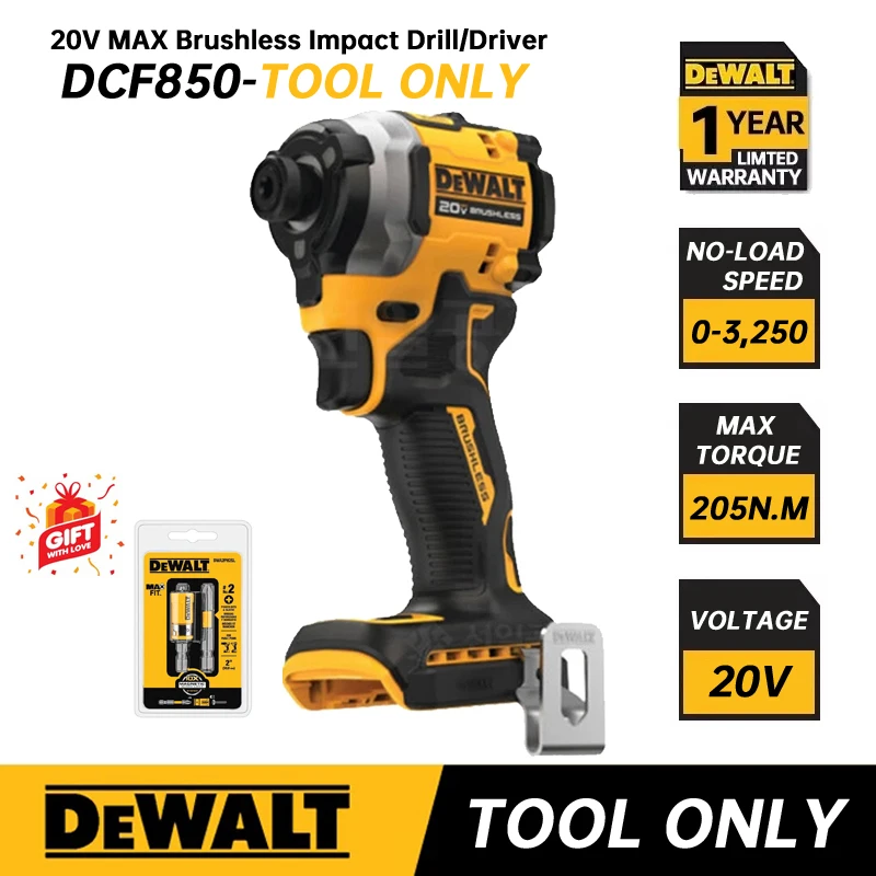 

DEWALT Cordless Impact Driver Kit 20V DCF850 Brushless Motor 1/4-Inch Electric Screwdriver 205NM Wirless Rechargeable Power Tool