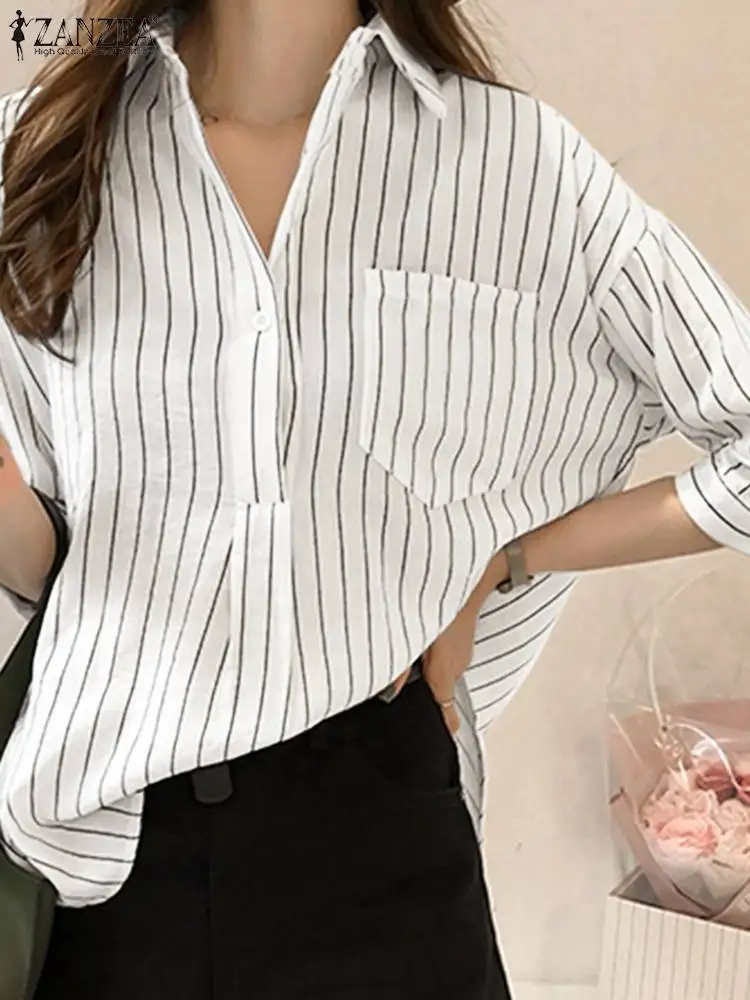 

ZANZEA Oversized Work Office OL Blouses Spring Striped Women Shirts Female Tops Loose Korean Style Blusas Oversized Chemise 2023