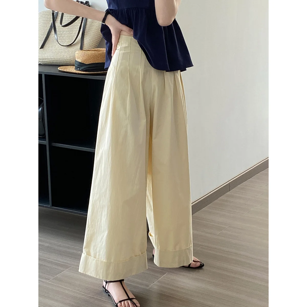 

2023 Women High Waist Long Pants Wide Leg Fashion Beige Cotton Pants Female Ankle LengthTrousers