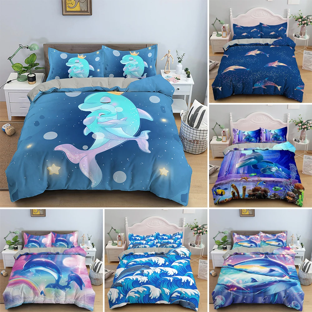 

Modern Blue Sea Theme Home Textile Cartoon Dolphin Bedding Set Kids 2/3pcs Twin Full Size Polyester Comforter Cover With Zipper