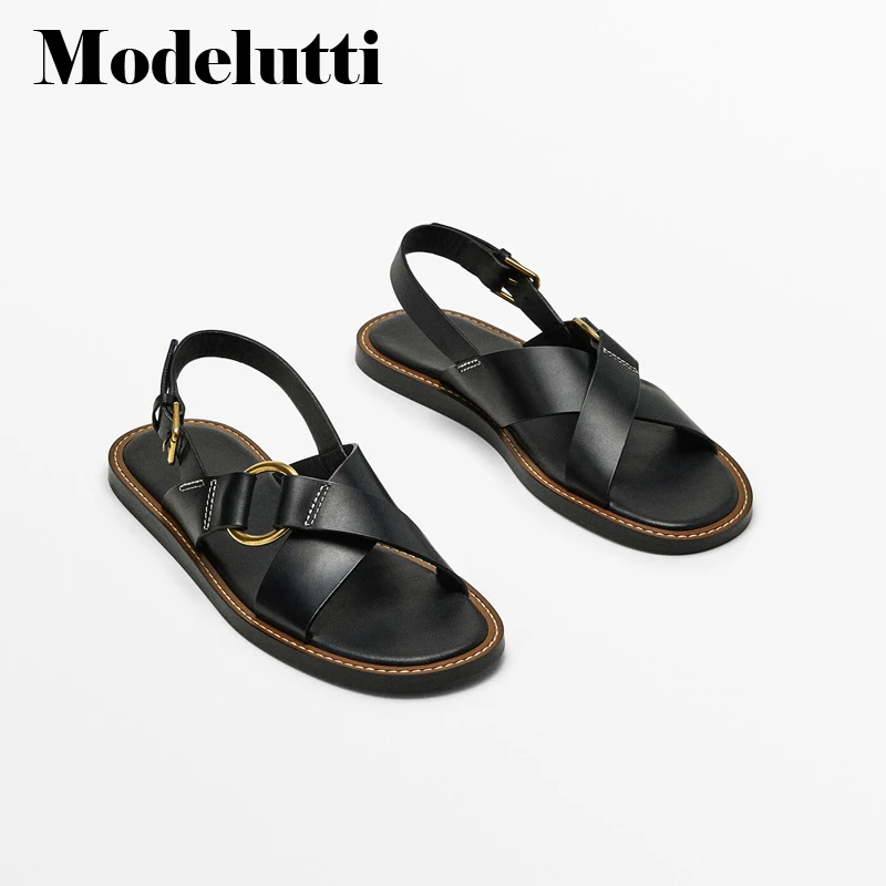 

Modelutti 2022 New Spring Summer Fashion Leather Cross Belt Design Open Toe Sandals Women Simple Casual Flat Shoes Female