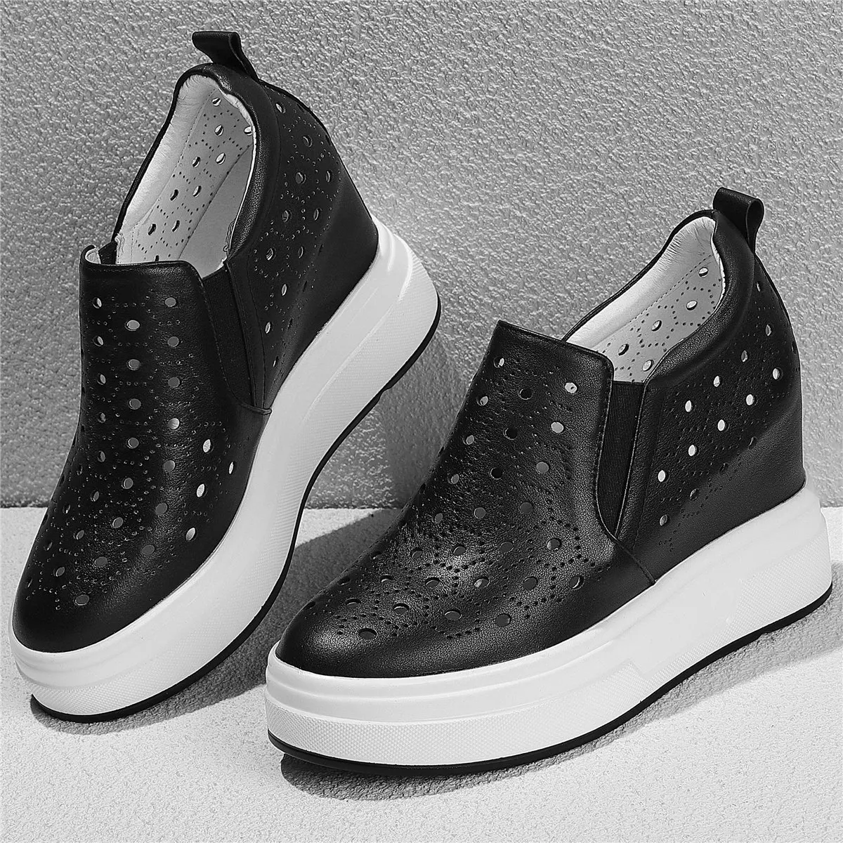 Fashion Sneakers Women Slip On Genuine Leather Wedges High Heel Ankle Boots Female Summer Round Toe Platform Pumps Casual Shoes
