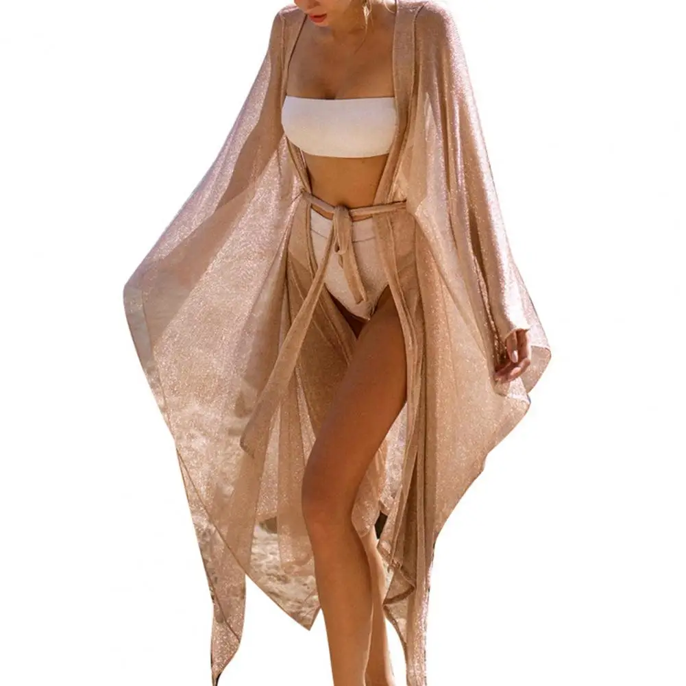 

Sexy Beach Cover Up 2022 Long Sleeve Sun Protection Swimsuit Cardigan Belt Shine Mesh Sexy Bikini Cover Up Bikini Cover Up