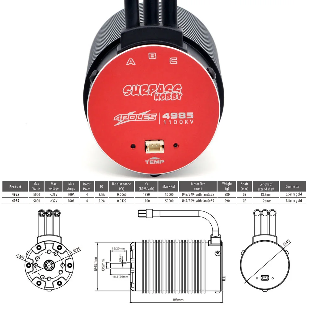 Бесщеточный мотор SURPASS HOBBY Rocket RC 4985 Sensorless 1580KV 1100KV для радиоуправляемых моделей X-MAXX ARRMA 15 16 17, запчасти для монстр-траков и автомобилей (art.: 3920db96e376d) - 3920db96e376d