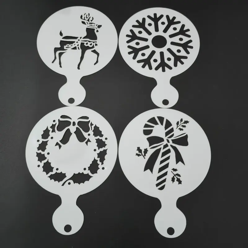 

4pcs/set Snowflake Deer Christmas Coffee Stencil Latte Art Milk Cappuccino Painting Template Cupcake Cookie Mold Barista Tools