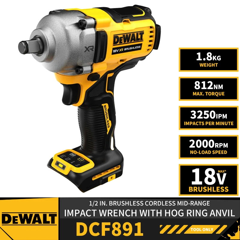 

DEWALT DCF891 1/2in Mid-Range Impact Wrench With Hog Ring Anvil 18V Lithium Power Tools 812NM 2000RPM 3250IPM