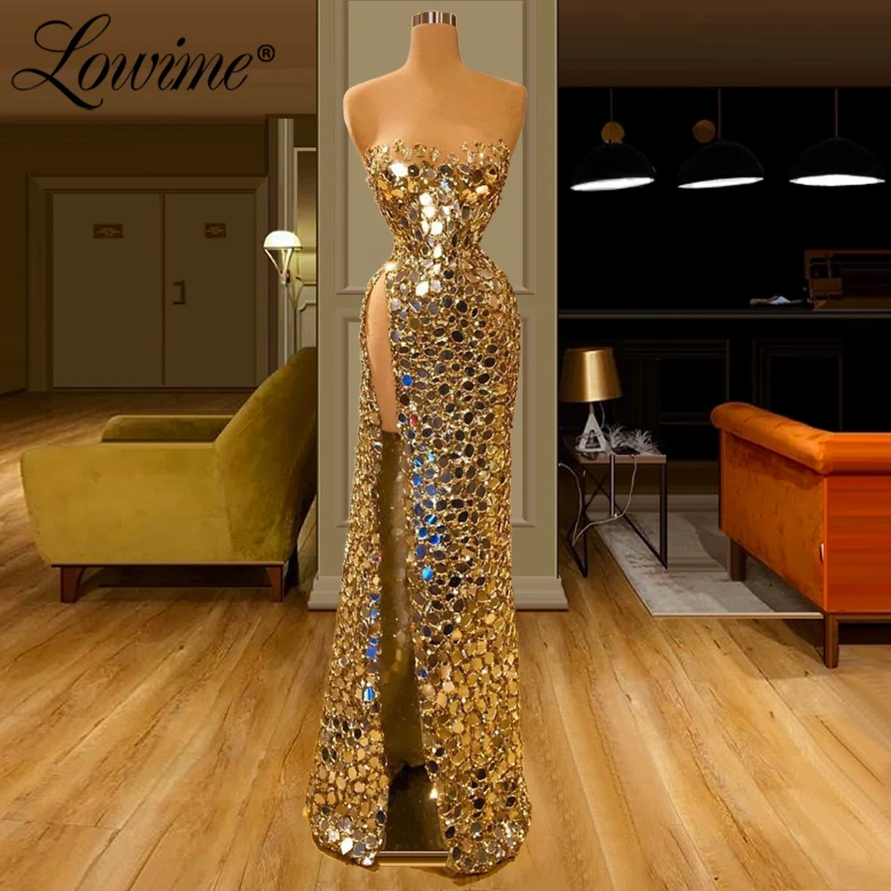 

Luxury Sparkly Gold Crystal Mermaid Party Dress With High Split 2022 Abendkleider Evening Dresses Kaftans Arabic Long Prom Dress
