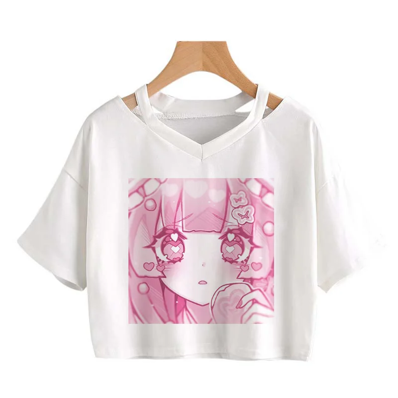 

kawaii Print Short sleeve T-Shirt Casual Anime Graphic V-neck Crop Top Y2K
