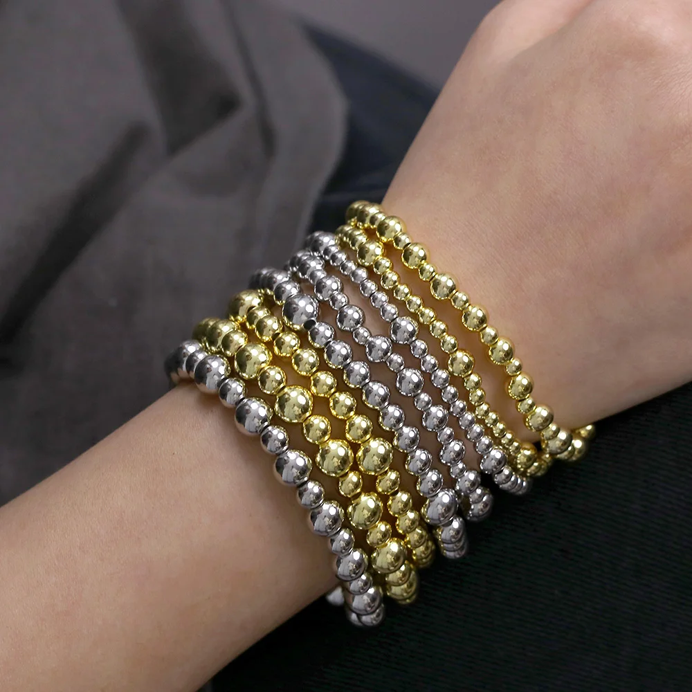 

4/6/8MM Gold Color Beads Bracelets For Women Trendy Statement Round Beaded Handmade Elastic Stacked Bracelets Jewelry Wholesale