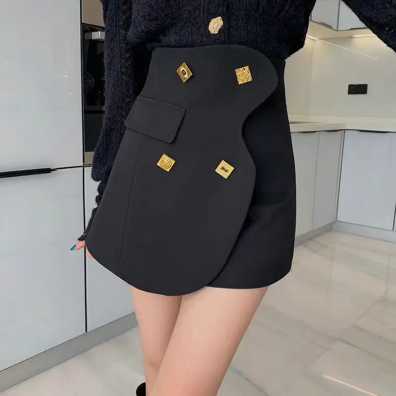 Black A-line Skirt Autumn And Winter 2022 New Women's Asymmetrical Casual High-waisted Skirt Shows Thin Button Woolen Culottes