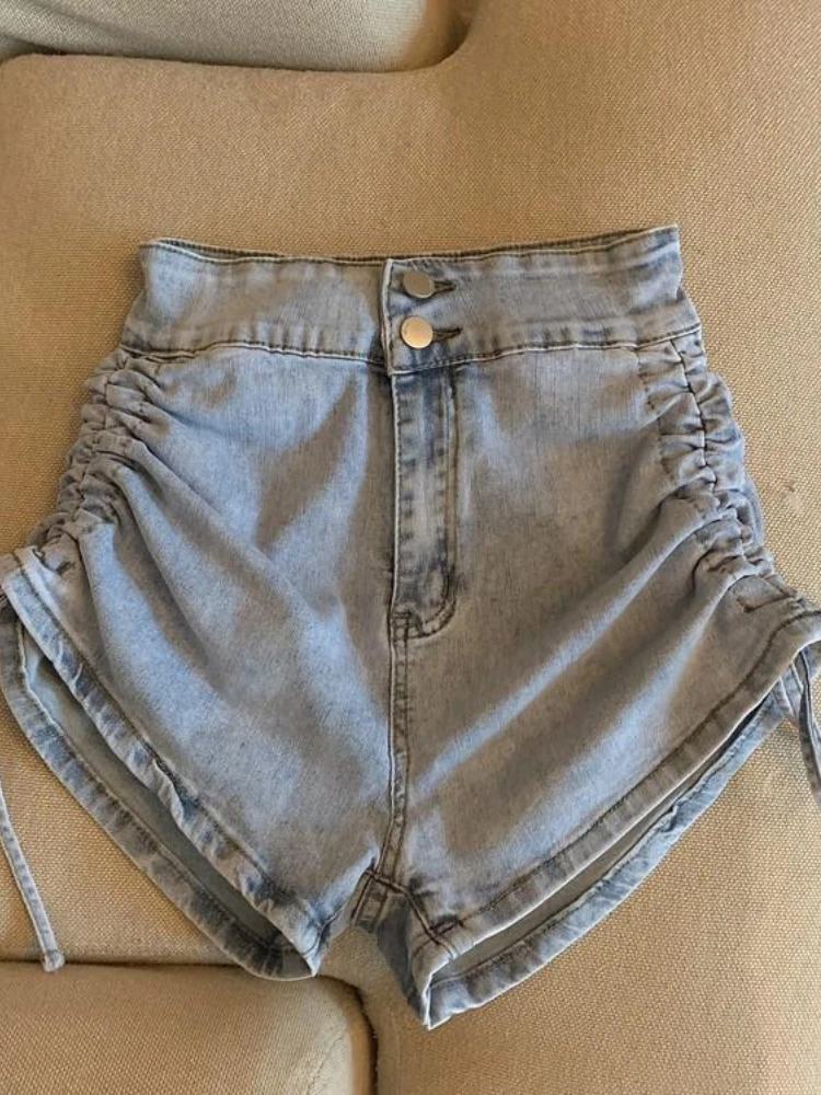 

LY VAREY LIN New Summer Drawstring Denim Shorts Women Sexy Buttons High Waist Wide Leg Shorts Lady Fashion Solid Color Shorts