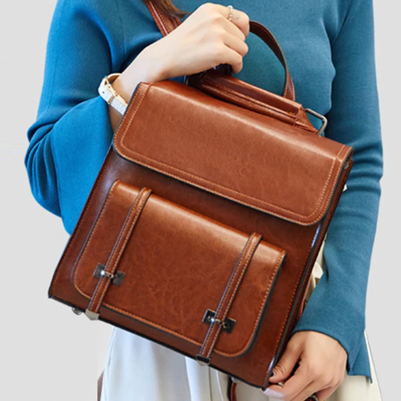 High Quality Oil Wax Cowhide Women Rucksack School Daypack F