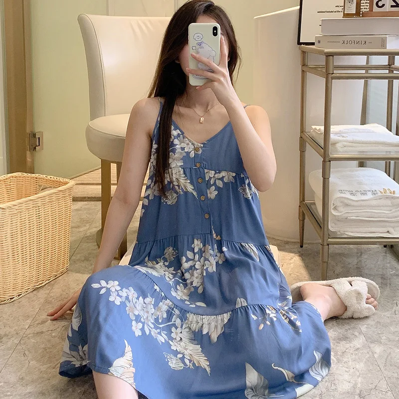 Womens Nightgown Spaghetti Straps Summer Soft Thin Cotton Nightdress Sleepwear Floral Print Sleep Dress House Dress with Button
