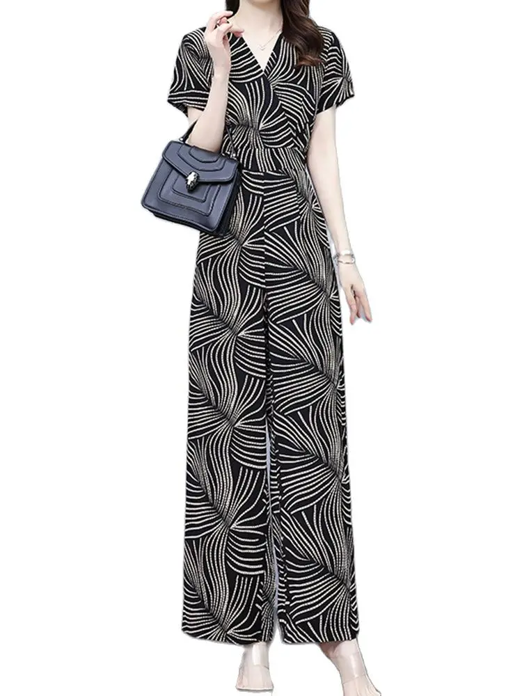 

Temperament V-Neck Slim Fit Bodysuit Printed Short Sleeve Bodysuit Wide Leg Pants 2023 New Korean Fashion Women'S Clothing