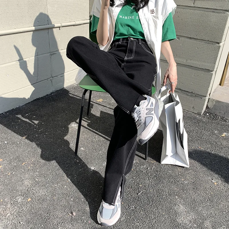 

Split High Waist Floor Sweep Jeans Women Black Vintage Straight Pants 2023 Spring Autumn Indie New Fashion Trousers Solid Colors