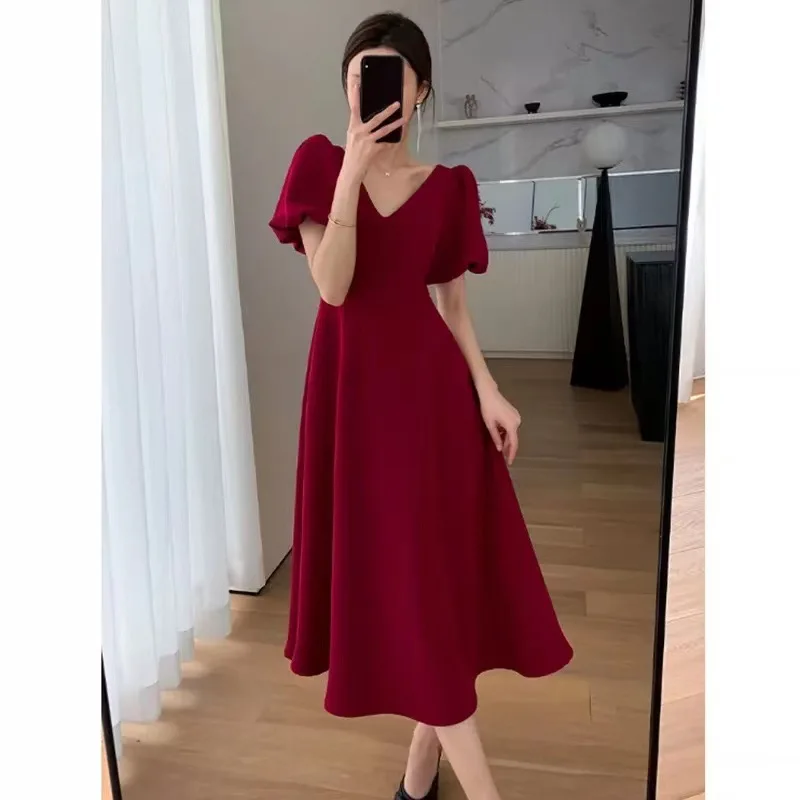 

2022 Women's Summer Long Dresses Elegant Casual V-Neck Short Sleeve Black Midi Dress For Party Club Evening Gala Woman Clothes