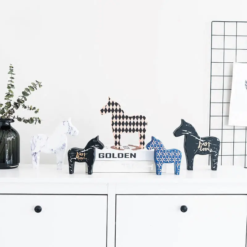 

Nordic literature and art marble wooden horse ornaments simple TV cabinet living room study dining room decorations