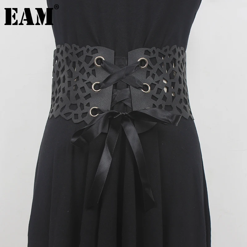 

[EAM] Black Vintage Bandage Hollow Out Long Wide Belt Personality Women New Fashion Tide All-match Spring Autumn 2023 1DF6066