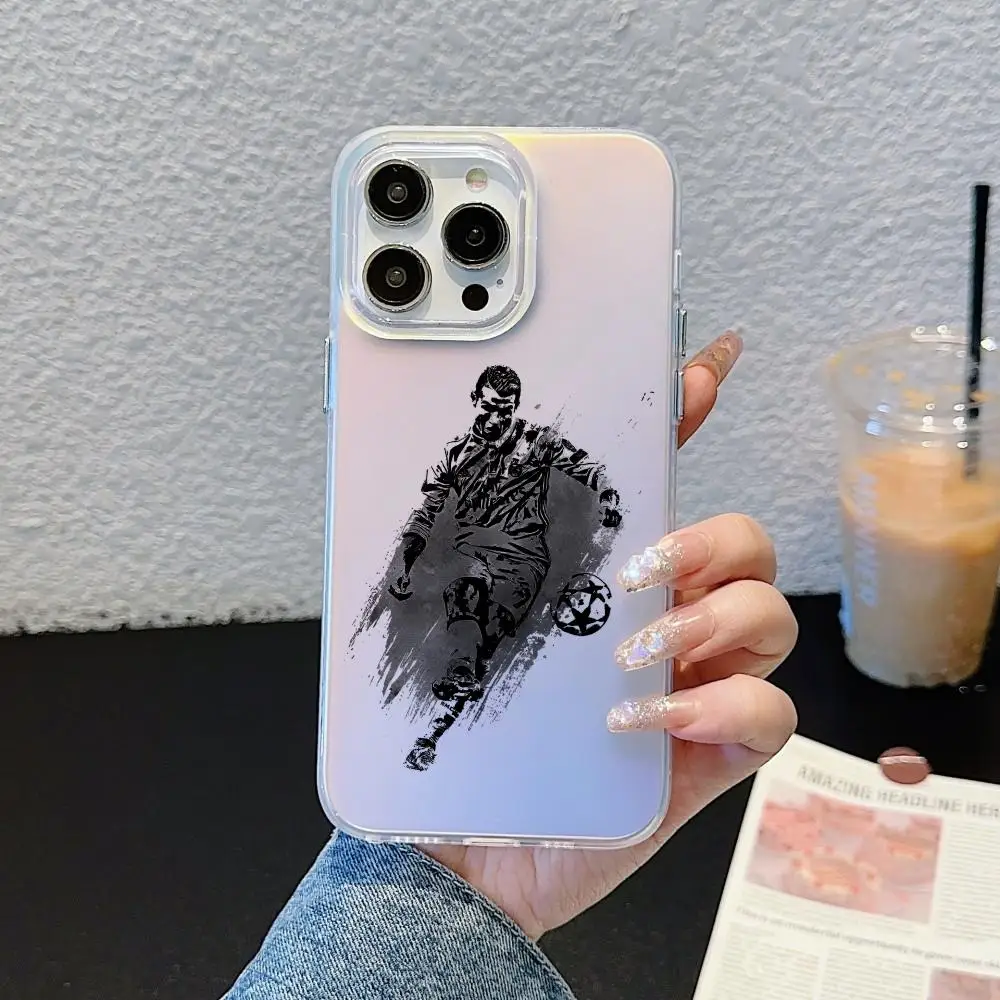 Фото Чехол для телефона CR7 Криштиану Роналду для iPhone 17 16 15 14 13 12 11 Pro Max Plus, прозрачный, с лазерным градиентом «Аврора» №1