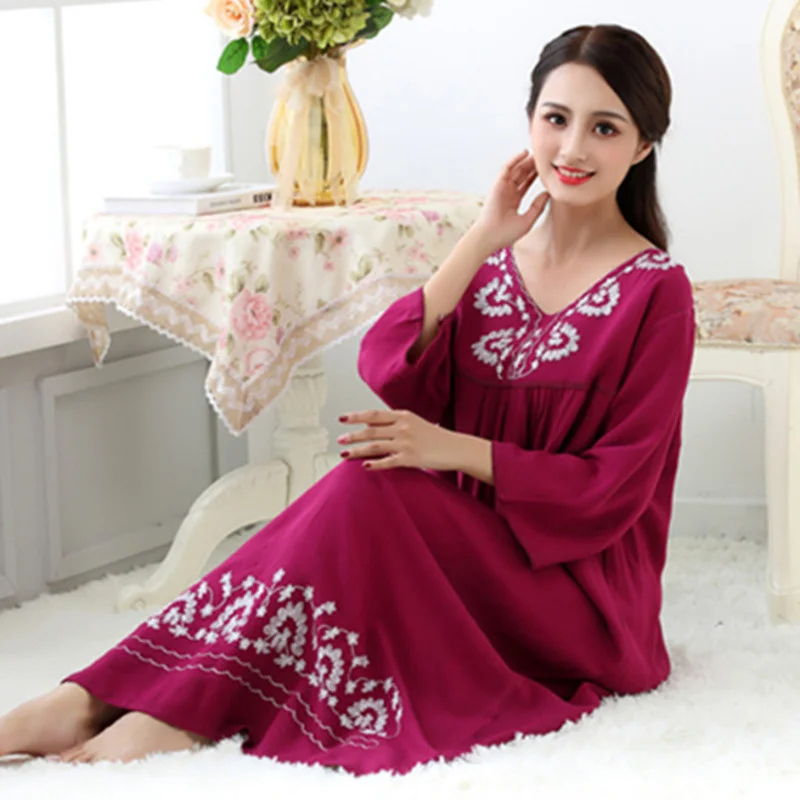 Nightdress Women Cotton Long Sleeve Embroidery Nightgown Loose Sleepwear Autumn Night Comfy Womens Nightwear Sleepshirt Big Yard