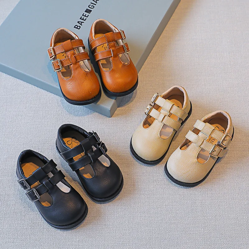 

Children Girls Cute 2022 Spring Summer New School Sandals for Boys Princess Solid Black Fashion Round-toe Leather Casual Shoes