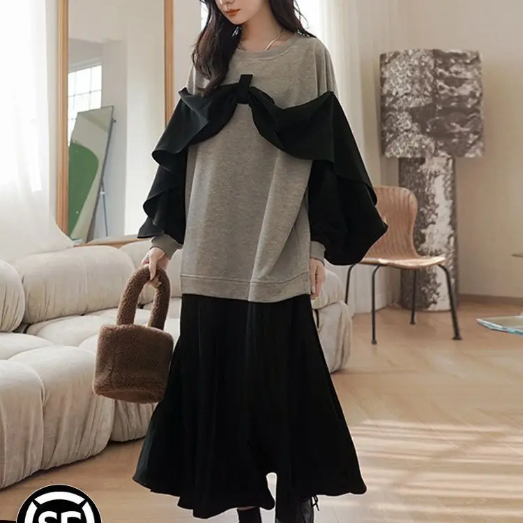 

SuperAen Sweatshirt Dress Women's Autumn Winter 2023 New Korean College Style Loose Casual Fishtail Patchwork Long Dress